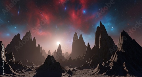 Mystical Mountain Peaks Under a Colorful Nebula Sky.