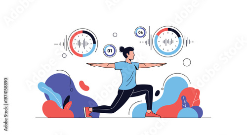 Young woman practices yoga in a warrior pose while managing her fitness schedule and training time with digital timers.