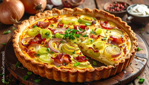 A savory pie with vegetables and herbs on a wooden board