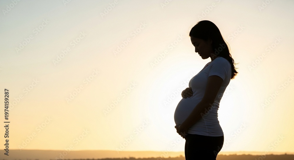 Fototapeta premium Minimalist Silhouette of Pregnant Woman Practicing Gentle Yoga at Sunrise