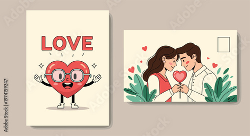 Set of romantic greeting cards featuring a cute heart character with glasses and a loving couple sharing a lollipop.