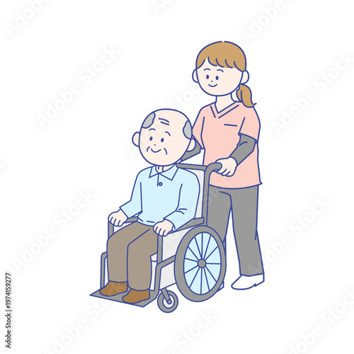 車椅子に乗る高齢者をサポートする介護士の介護シーン