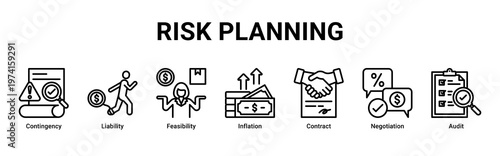 Risk Planning web banner icon vector illustration with icons of Contingency,Liability,Feasibility,Inflation,Contract,Negotiation and Audit