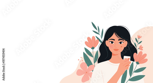 Beautiful portrait of a young woman with dark hair surrounded by blooming pink flowers and lush green tropical leaves.