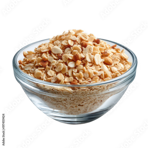A small clear glass bowl filled with crushed roasted peanuts prepared for cooking or snacking isolated on transparent background