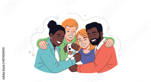 Group of four diverse friends share a joyful group hug while holding their cute brown and white pet dog in a studio.