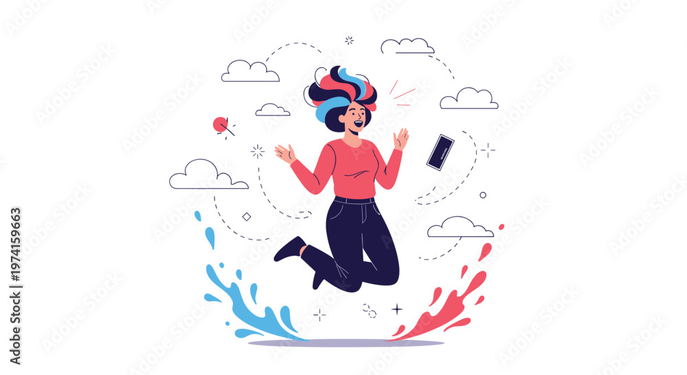Fototapeta premium Joyful woman with vibrant multi-colored hair jumping in the air surrounded by clouds and abstract design elements in flat vector style.
