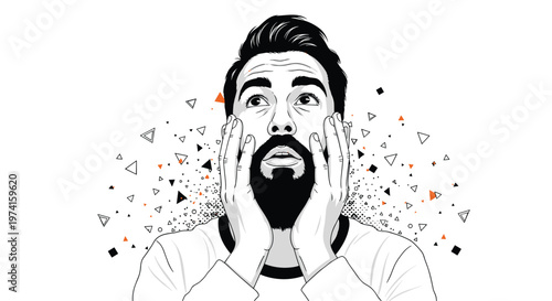 Stylized pop art illustration of a bearded man looking up in surprise with hands on face against a white background with geometric shapes.