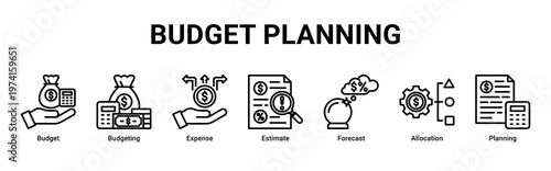 Budget Planning web banner icon vector illustration with icons of Budget,Budgeting,Expense,Estimate,Forecast,Allocation and Planning