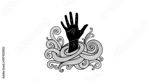 Black hand reaching out from swirling waves.