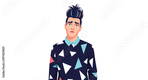 Trendy young man with spiky blue and pink hair wearing a geometric pattern shirt looking confused and uncertain in a flat vector illustration.