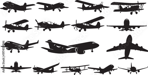 Collection of airplane silhouettes in various flight positions displayed