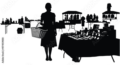 Woman shopping at an outdoor market stall viewed as a striking silhouette