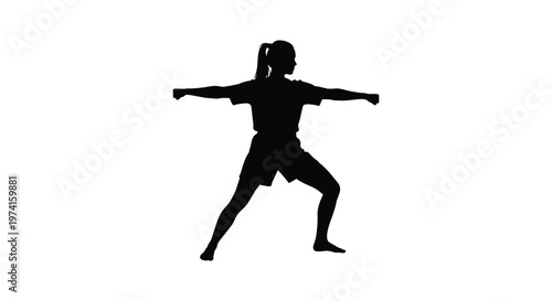 Woman performing martial arts pose against a white background a striking silhouette