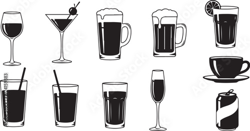 Collection of various drinks in different glasses and cups