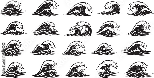 Collection of various wave designs in black and white