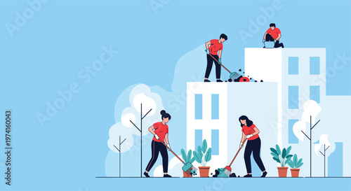 Volunteers working together to clean and garden around a modern apartment building under a blue sky in a community service concept illustration.
