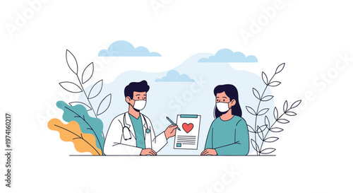 Doctor in a white coat showing medical results to a patient while both wear protective face masks in a healthcare setting illustration.