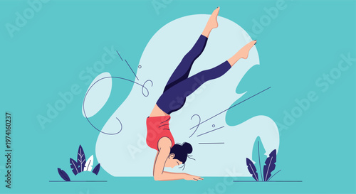 Woman performing a forearm stand yoga pose against a soft abstract background with plant elements in a wellness and fitness concept illustration.