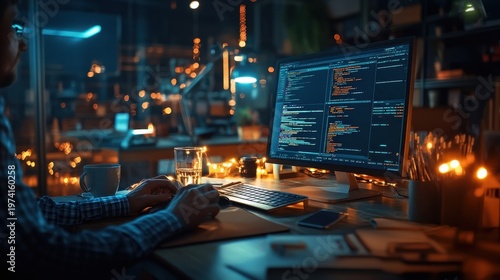 A person coding on a desktop computer in a dimly lit, modern workspace during nighttime.