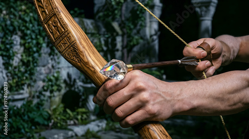 A person's hands holding a carved wooden fantasy bow with a crystal-tipped arrow reflecting a rainbow prism in an ancient stone ruin.