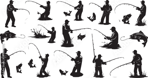 Silhouette of men fishing in various poses and actions