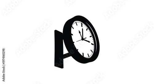 A black clock hangs on a wall displaying the time in silhouette