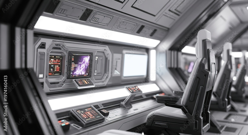 Fototapeta premium Futuristic spaceship interior with control panels and seats.