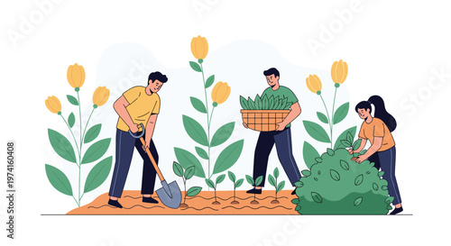 Group of three young people working together to plant seeds and flowers in a garden bed for a community agriculture concept illustration.