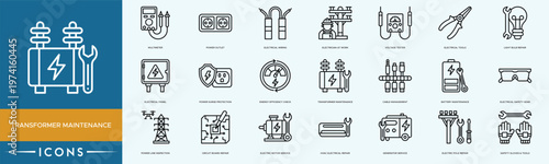 Transformer Maintenance icon set.Circuit Board Repair, Electric Motor Service, HVAC Electrical Repair, Emergency Power Supply and Safety Gloves Tools