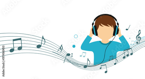 Young boy wearing headphones and listening to music with musical notes and waves floating around him in a creative audio experience concept.