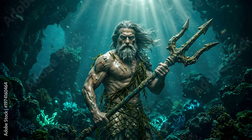 Powerful mythological god Poseidon holding a trident underwater in a deep ocean reef with cinematic sunbeams and marine life.