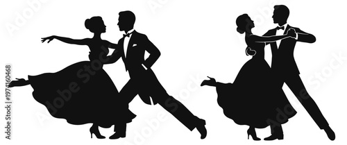 Elegant ballroom dance couple vector silhouettes in motion, classic man and woman in evening clothes dancing waltz poses
