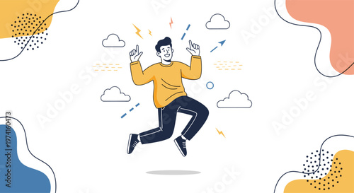 Happy man in a yellow shirt jumping high in the air surrounded by abstract shapes, clouds, and lightning bolts in a vibrant success celebration.