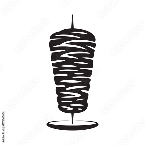 A black and white illustration of a stacked doner kebab on a skewer