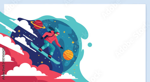 Creative illustration of a snowboarder riding through a cosmic landscape of clouds, planets, and stars in a surreal winter sports concept.