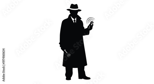 A mysterious figure in a coat speaks on a phone dark silhouette