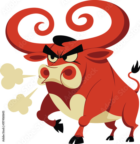 Furious Red Cartoon Bull Snorting with Curly Horns