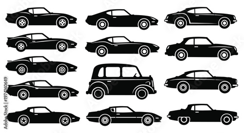 Collection of vintage sports cars and automobiles in black silhouette