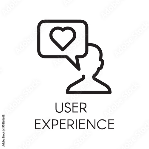 User experience icon in thin line style. Heart symbol in bubbles and abstract human silhouette. Simple logo or button for websites, mobile apps and other design needs. Vector contour pictogram