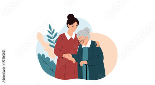 Heartwarming illustration of a young woman supportive and caring for an elderly woman with a cane in a multi-generational nursing care concept.