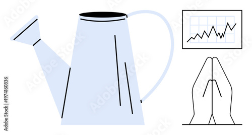 Business growth, financial success, gardening, spiritual practices, goal setting, mindfulness. A watering can, upward growth chart and praying hands. Business growth and financial success concept