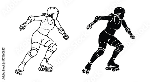 Two roller skaters in dynamic poses depicted as a striking silhouette
