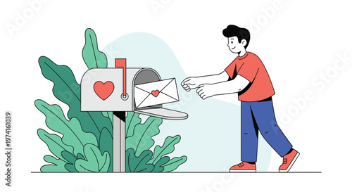 Friendly man in a red shirt placing a love letter envelope with a heart into a gray mailbox surrounded by lush green plants in a garden.