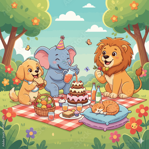 Adorable Animal Friends Celebrate a Joyful Outdoor Picnic Birthday with Cake, Fruits, and Drinks Under Sunny Skies in a Whimsical Forest Clearing