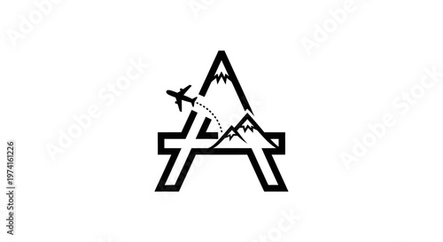 Travel logo with airplane and mountains.