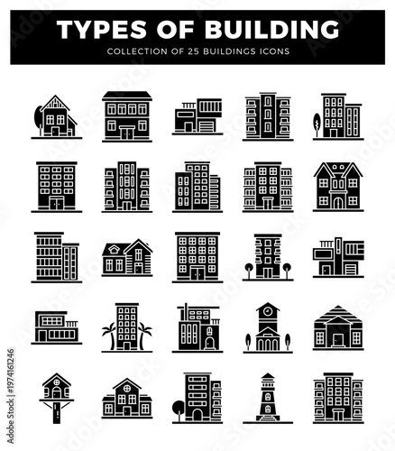 building icons in a grid layout on a white background.