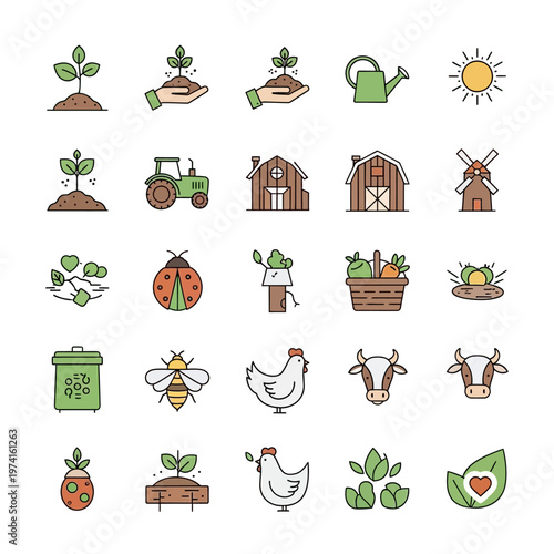 Variety of farm and garden icons.