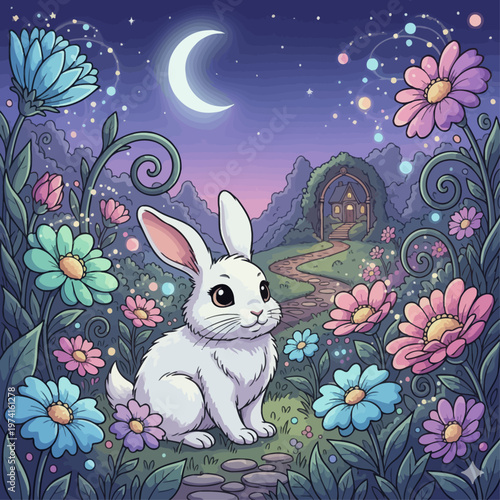 Enchanting Moonlit Garden with a Cute White Rabbit Amidst Colorful Flowers and Sparkling Lights