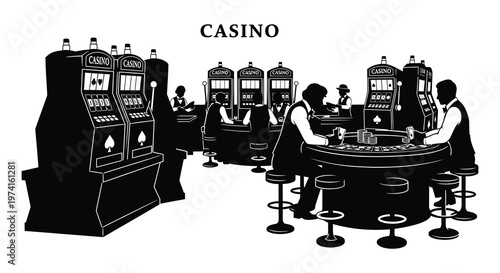 Black and white casino interior with people gambling a bold silhouette